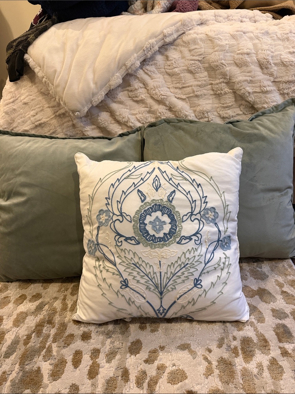 Bundle of  White Embroidered Decorative Throw Pillow with Blue and Green Motif